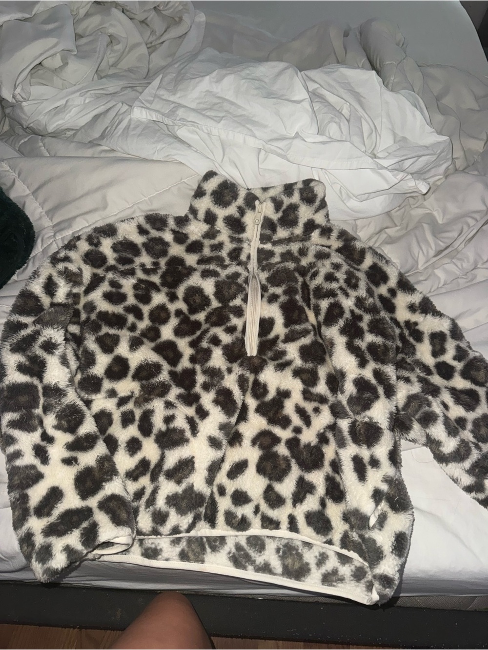 Leopard Print Fleece Pullover Jacket - Cream & Brown